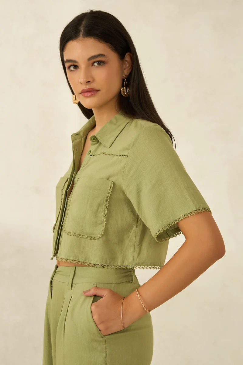 Nell|Linen Printed Cropped Boxy Fit Lace Shirt