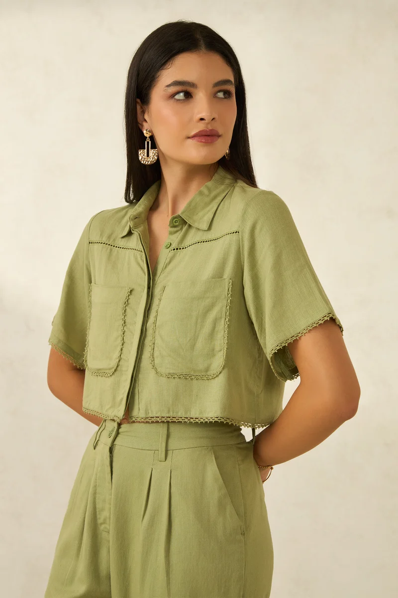 Nell|Linen Printed Cropped Boxy Fit Lace Shirt