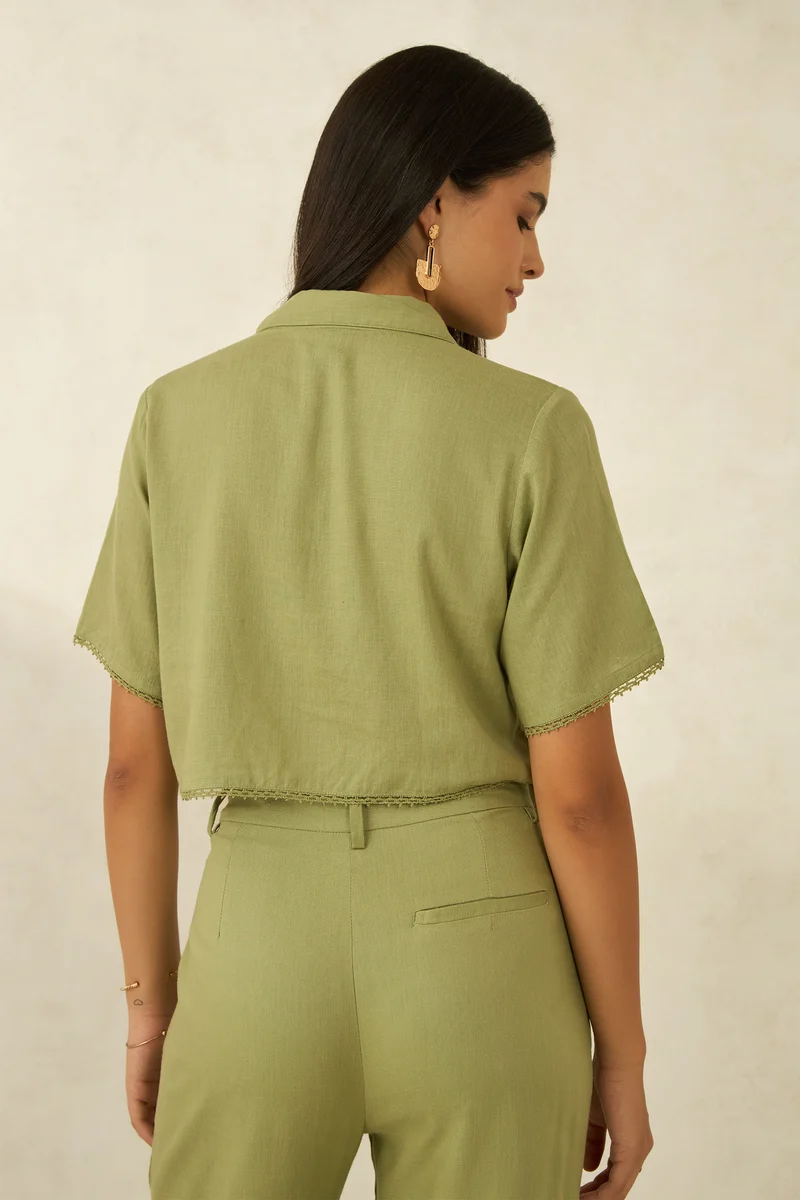 Nell|Linen Printed Cropped Boxy Fit Lace Shirt