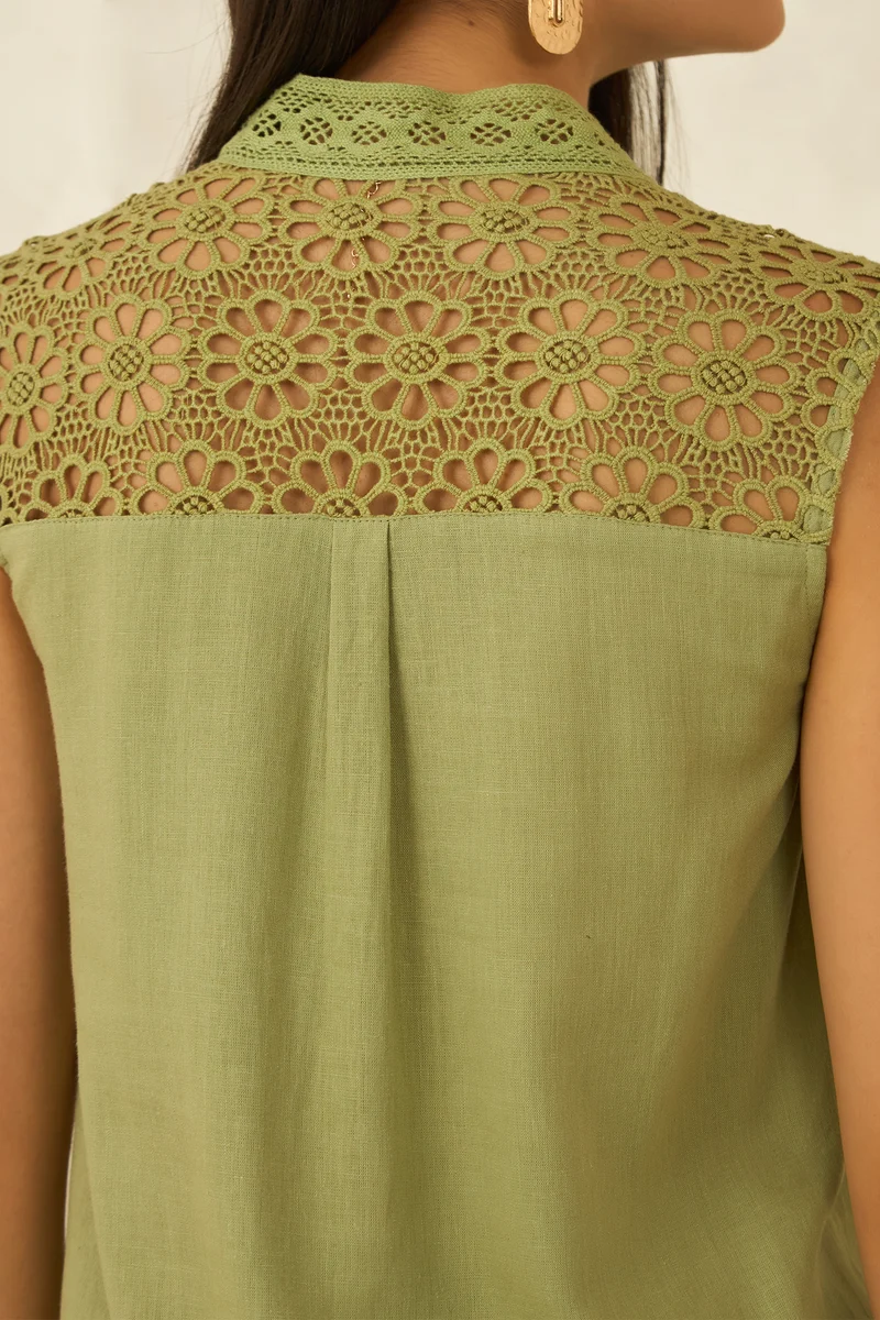 Paloma|Linen High-Low Hem Sleeveless Lace Top