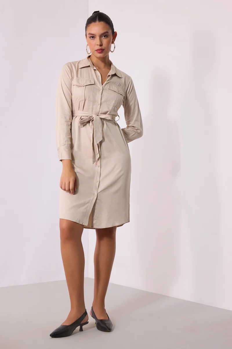 Marsha|100% Viscose Beige Midi Shirt Dress With Belt