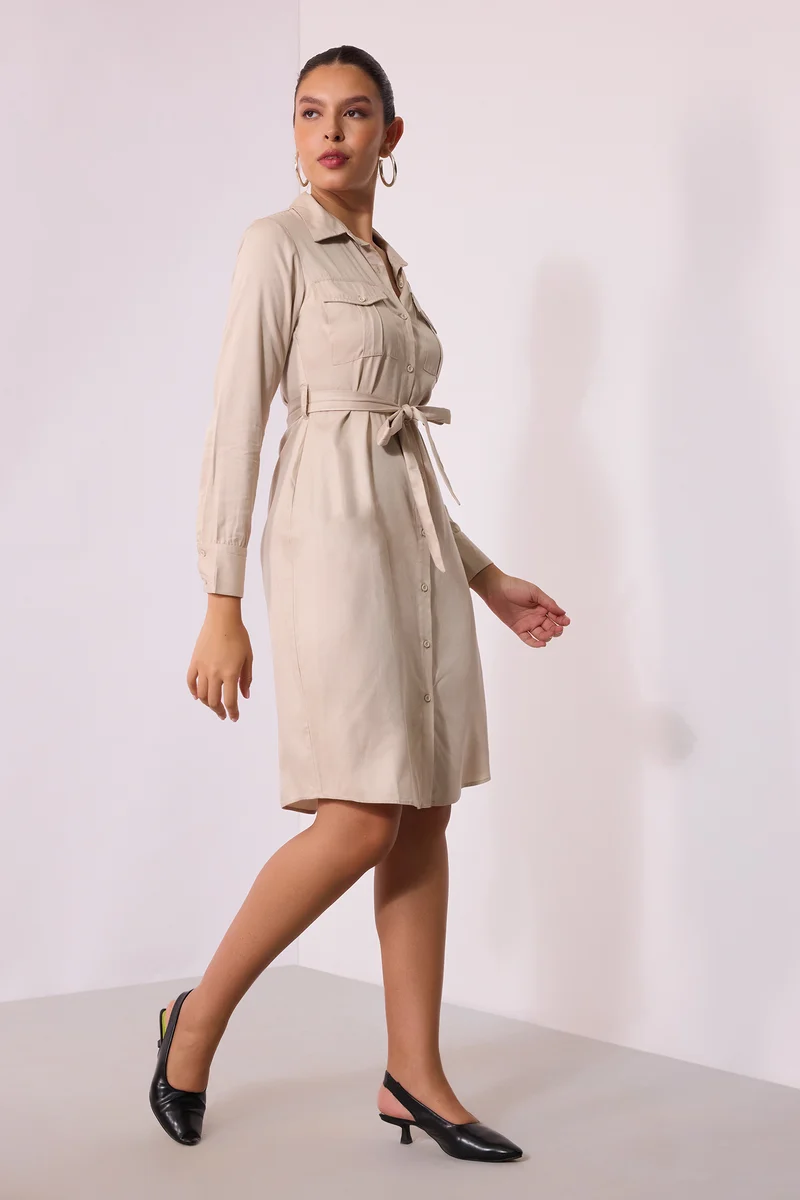 Marsha|100% Viscose Beige Midi Shirt Dress With Belt