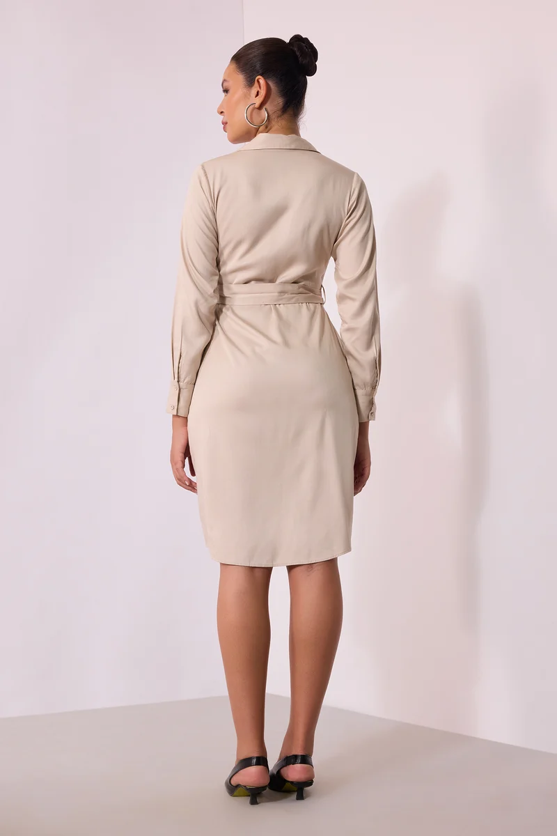 Marsha|100% Viscose Beige Midi Shirt Dress With Belt
