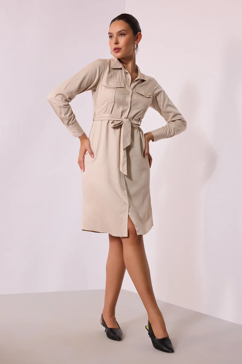 Marsha|100% Viscose Beige Midi Shirt Dress With Belt