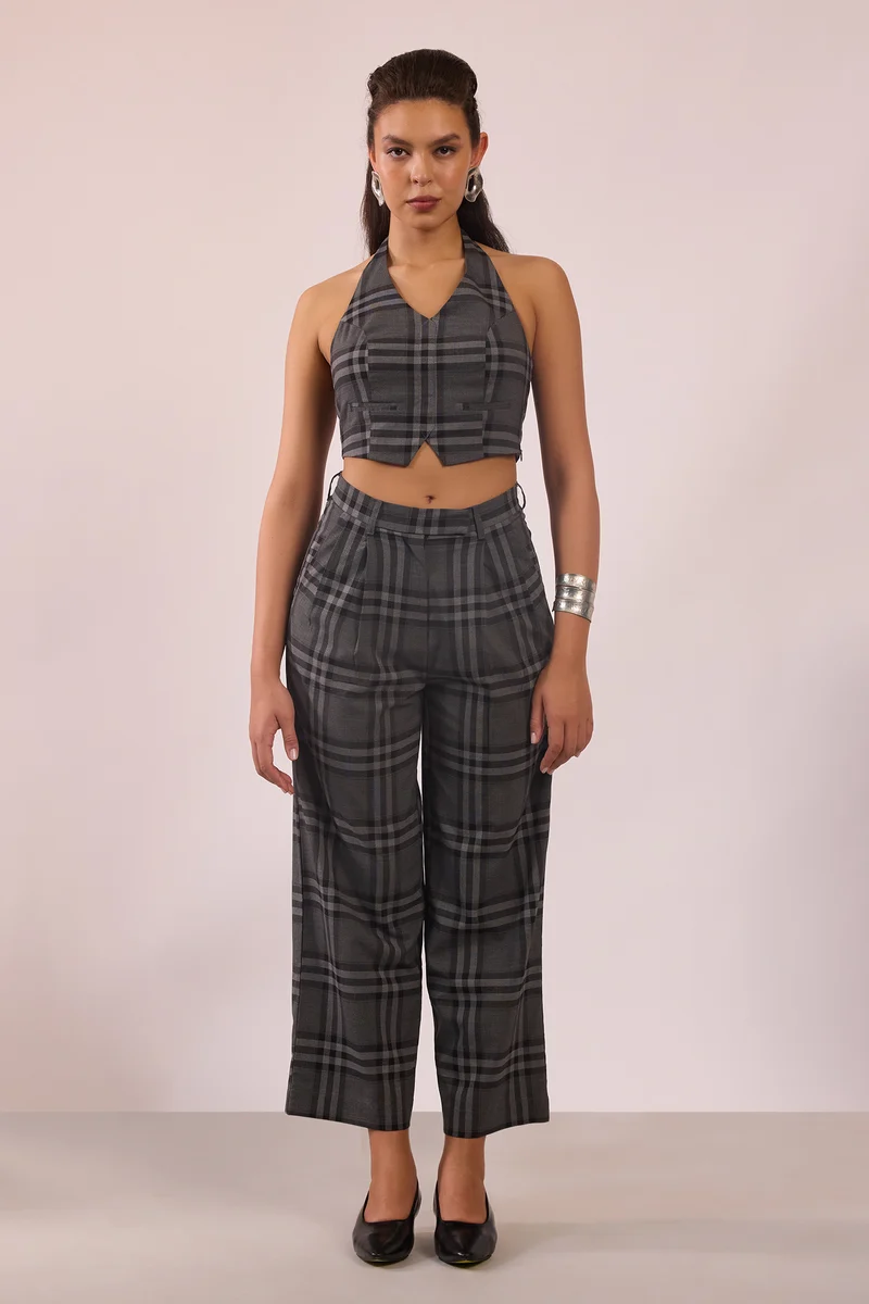 Skye|Viscose Stretch Halter Checked Vest