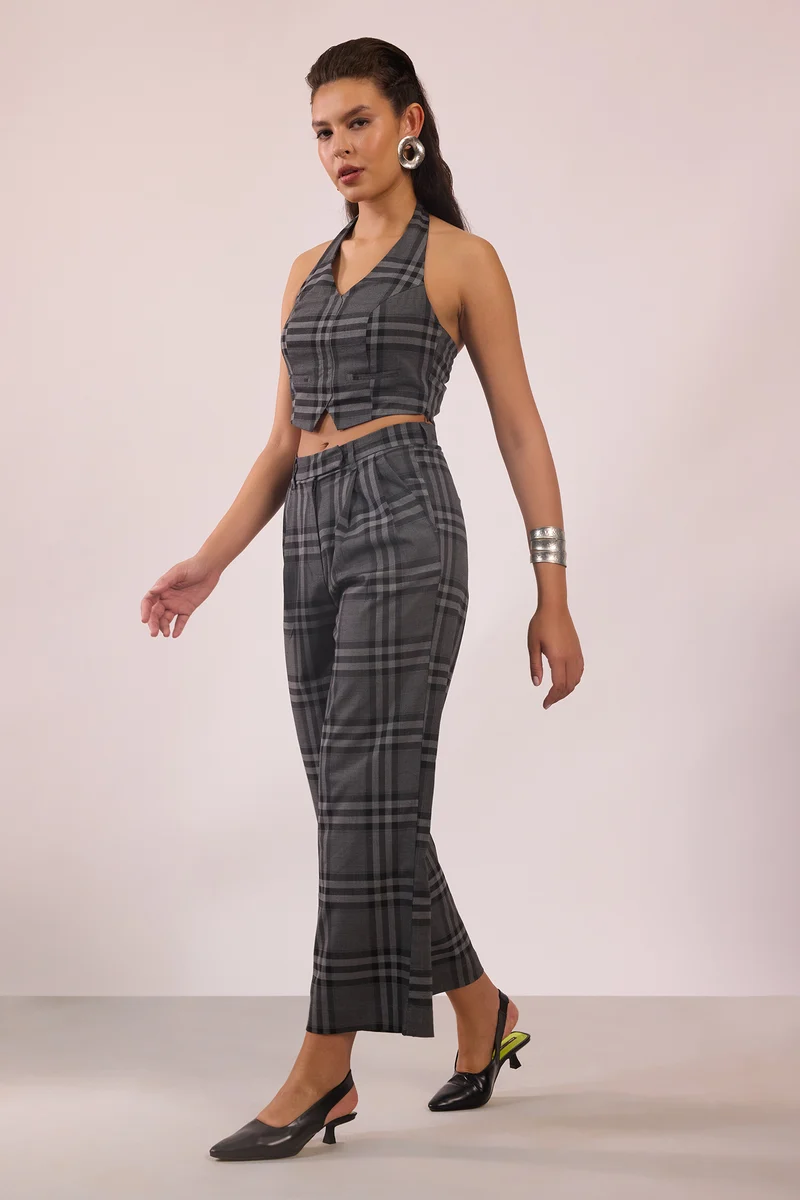 Skye|Viscose Stretch Halter Checked Vest