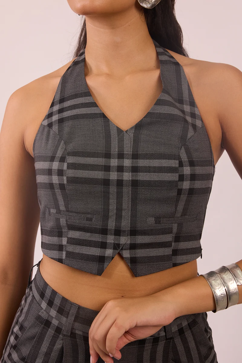 Skye|Viscose Stretch Halter Checked Vest