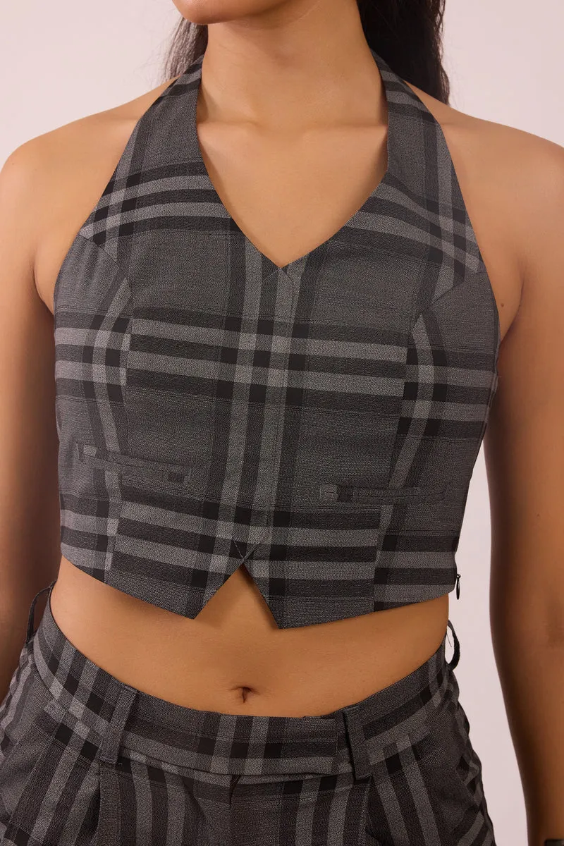 Skye|Viscose Stretch Halter Checked Vest