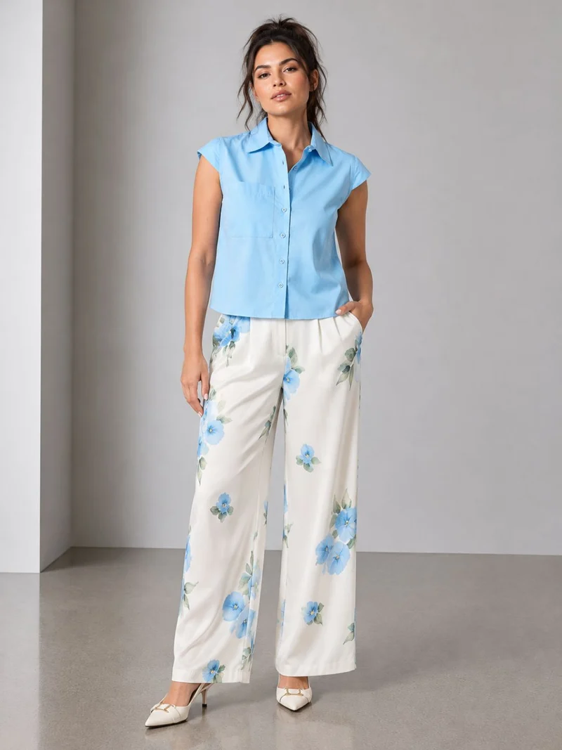 Jacinda|100% Cotton Blue Shirt With Cap Sleeve