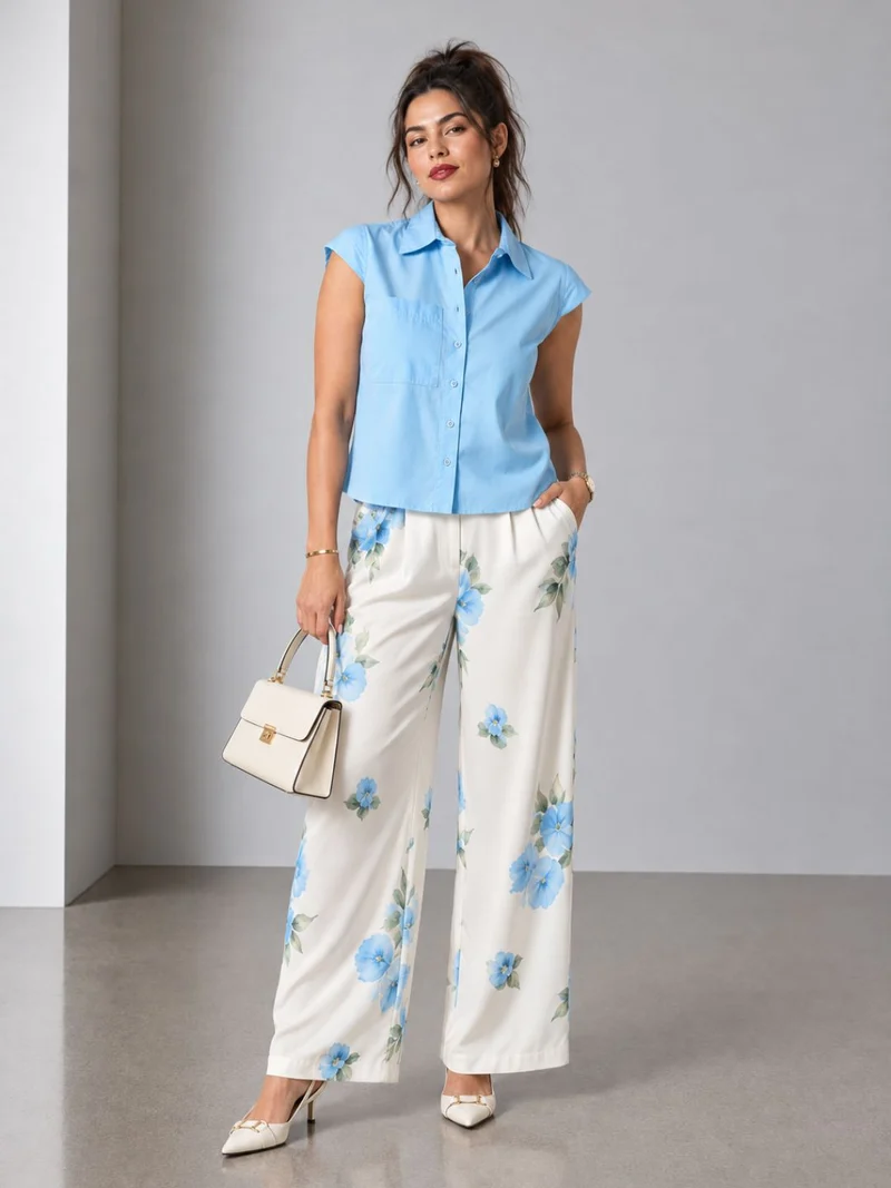 Jacinda|100% Cotton Blue Shirt With Cap Sleeve