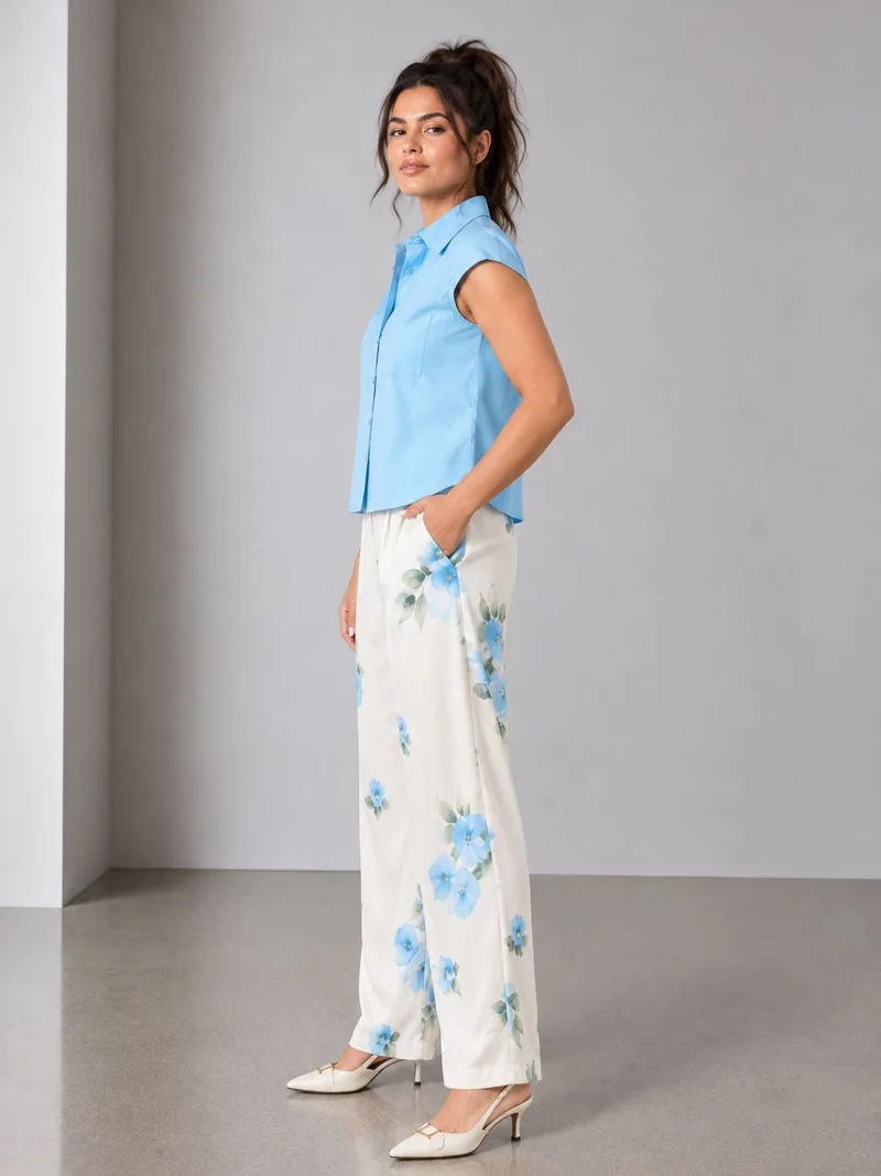 Jacinda|100% Cotton Blue Shirt With Cap Sleeve