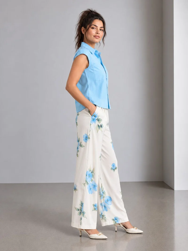 Jacinda|100% Cotton Blue Shirt With Cap Sleeve