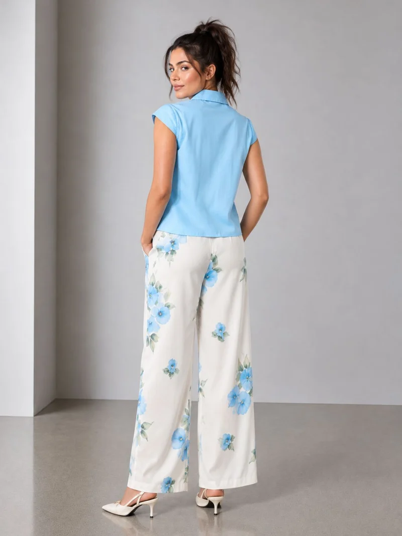 Jacinda|100% Cotton Blue Shirt With Cap Sleeve