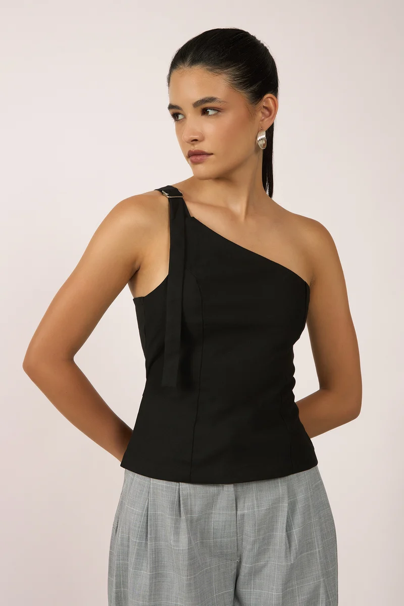 Brianna|Viscose One-Shoulder Belted Fitted Top
