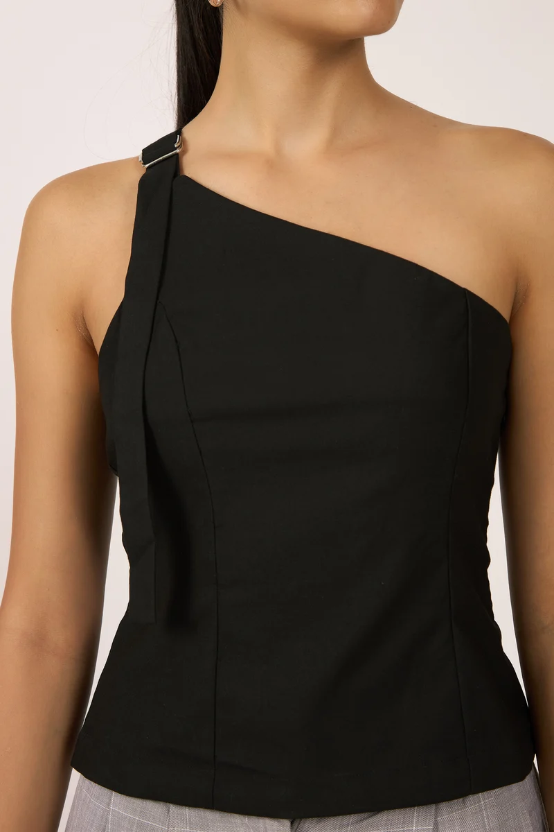 Brianna|Viscose One-Shoulder Belted Fitted Top
