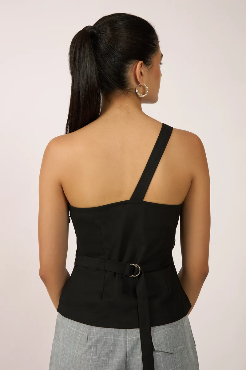 Brianna|Viscose One-Shoulder Belted Fitted Top