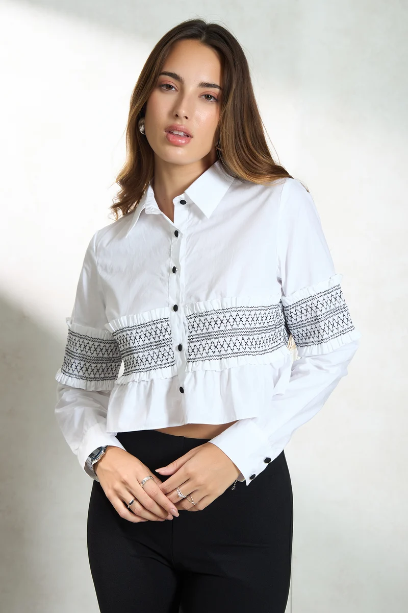 Romy|100% Cotton Smocked Crop Shirt