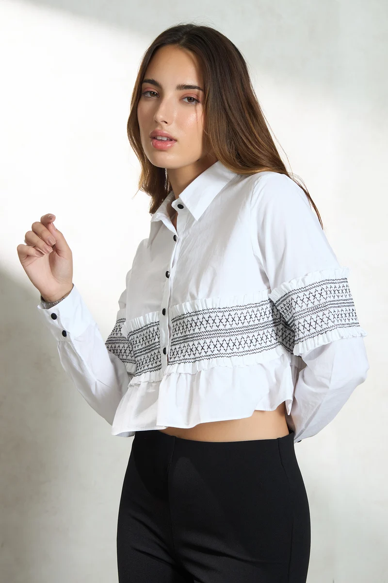 Romy|100% Cotton Smocked Crop Shirt
