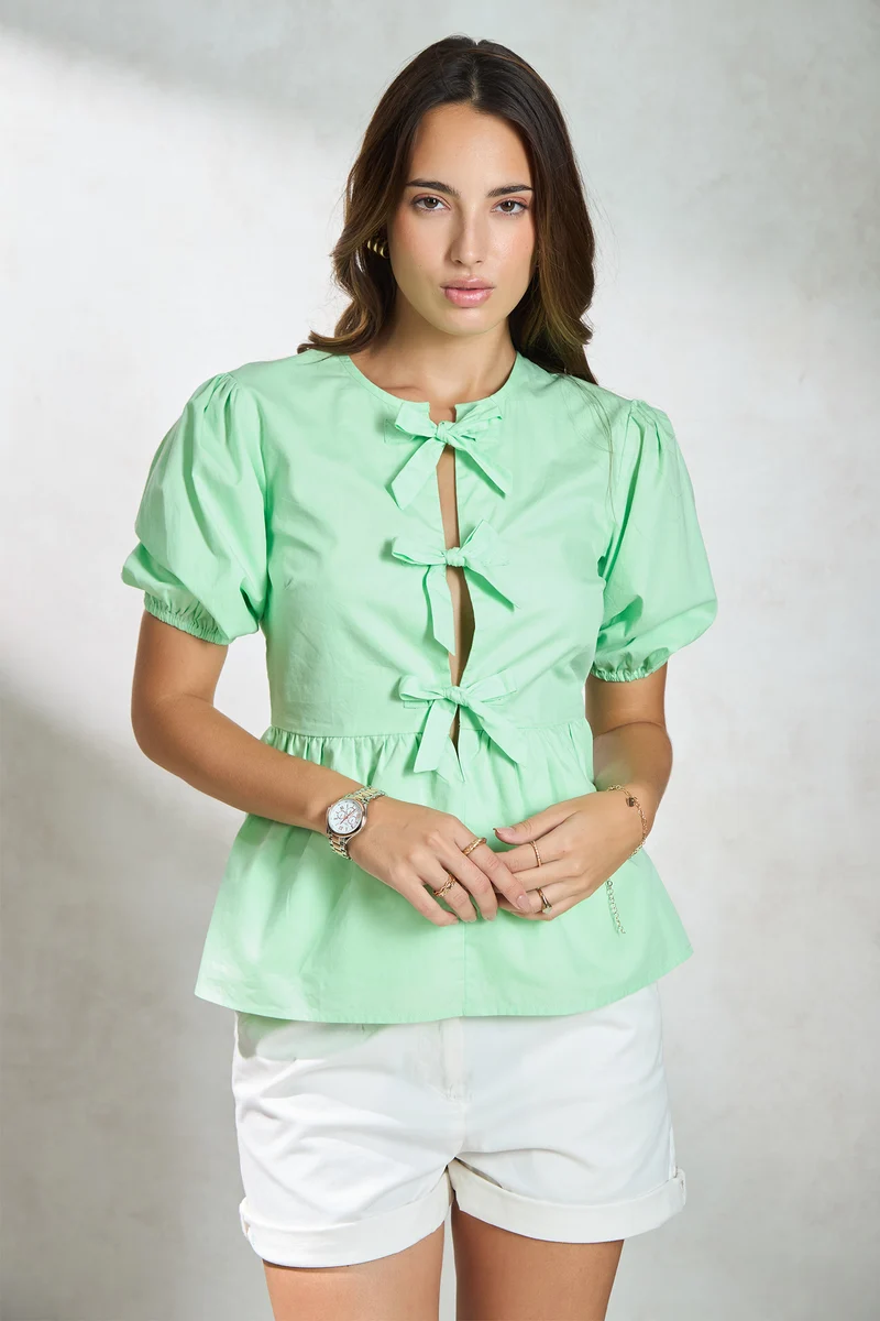 Thames|100% Cotton Front-Tie Detail Peplum Top