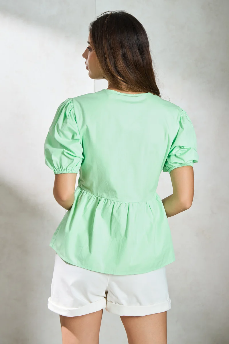 Thames|100% Cotton Front-Tie Detail Peplum Top
