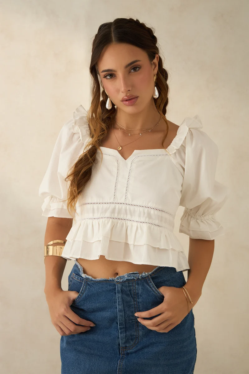 Liea|100% Cotton Ruffled Lace Top