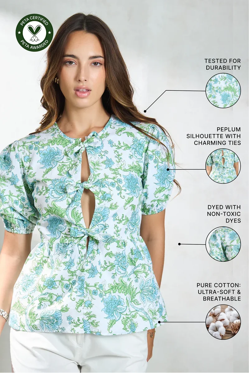 Margaux|100% Cotton Front-Tie Detail Peplum Top