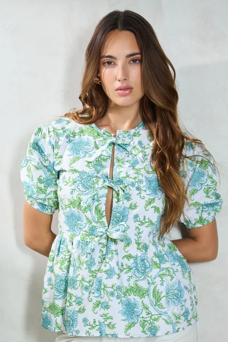 Margaux|100% Cotton Front-Tie Detail Peplum Top