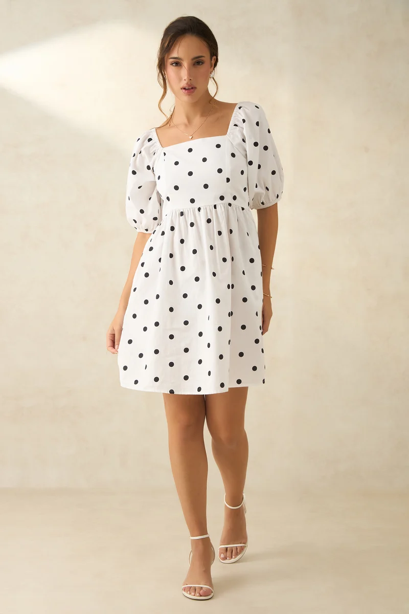 Camele|100% Cotton Polka Mini Dress With Tie At Back