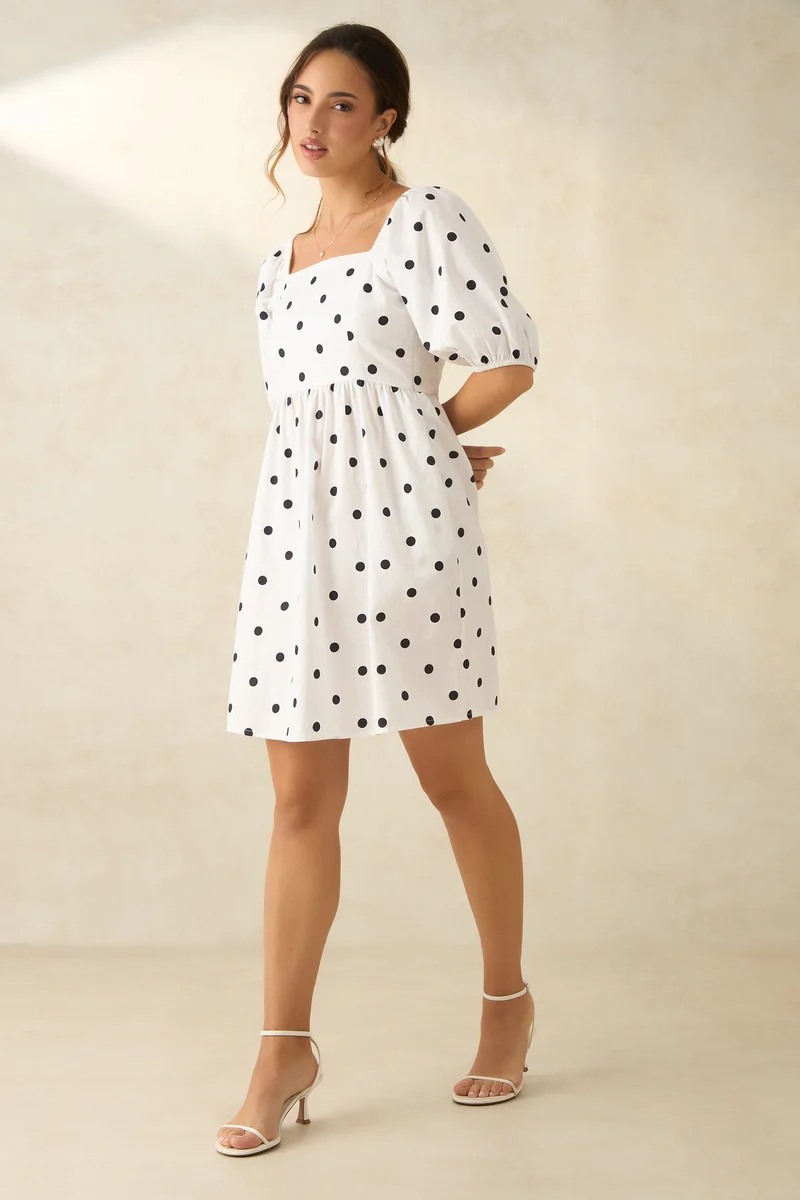 Camele|100% Cotton Polka Mini Dress With Tie At Back