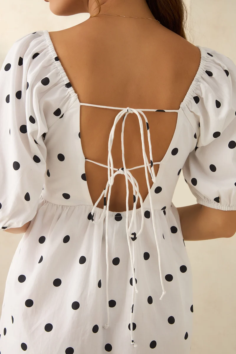 Camele|100% Cotton Polka Mini Dress With Tie At Back