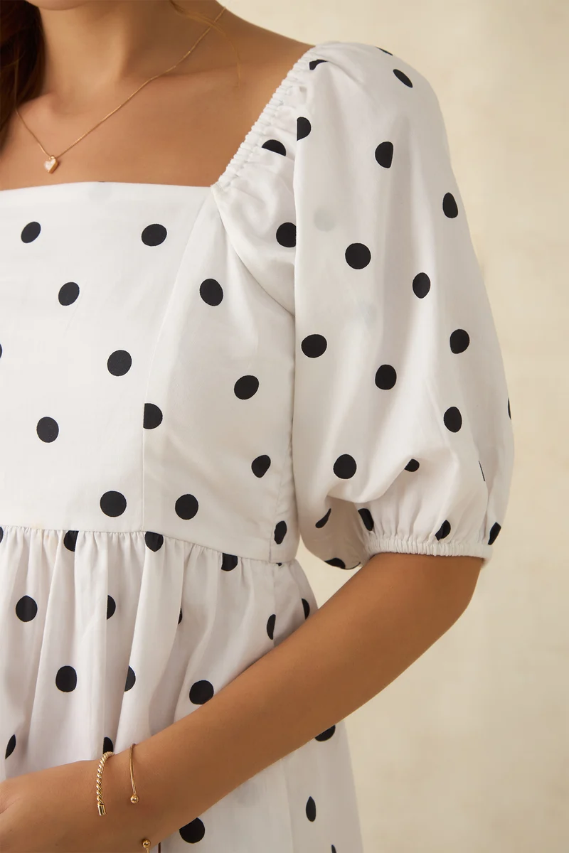 Camele|100% Cotton Polka Mini Dress With Tie At Back