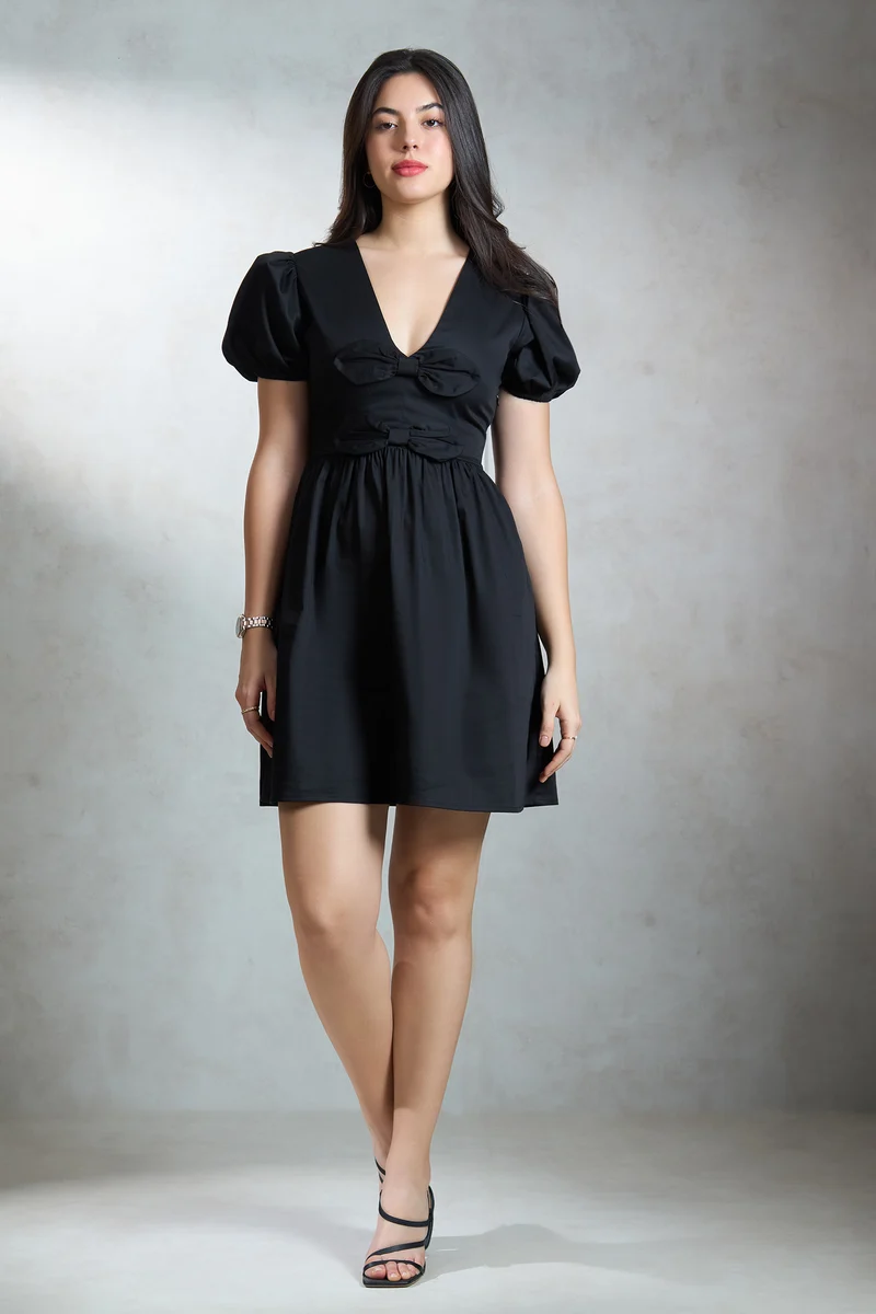 Carlienna|Cotton Stretch Black Mini Bow Dress