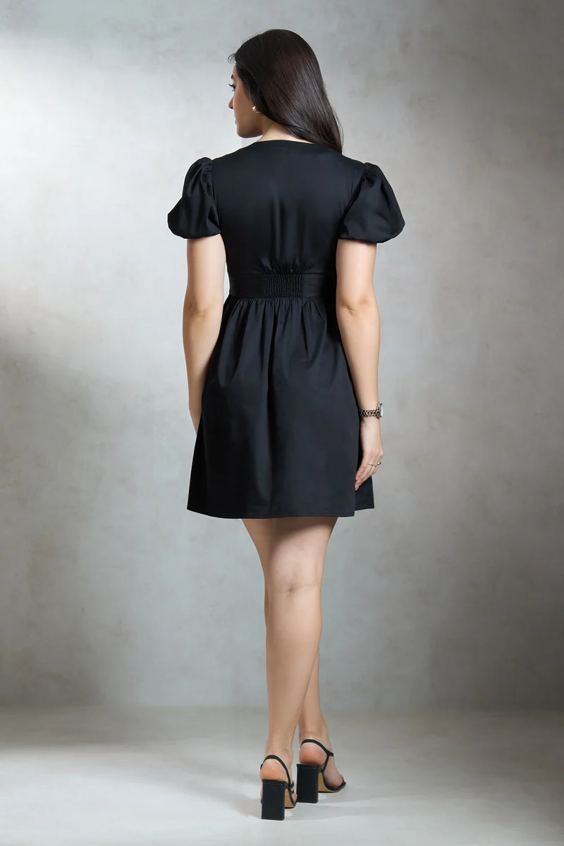Carlienna|Cotton Stretch Black Mini Bow Dress