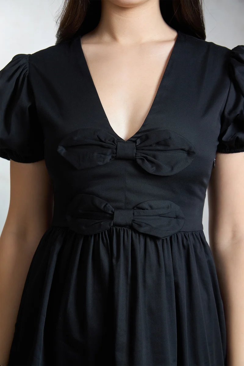 Carlienna|Cotton Stretch Black Mini Bow Dress