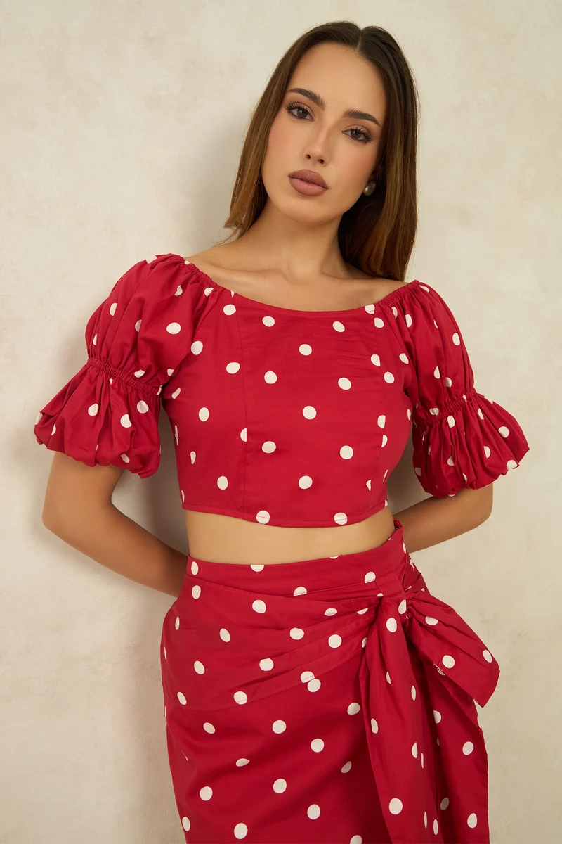 Stephany|100% Cotton Polka Crop Top With Puff Sleeves