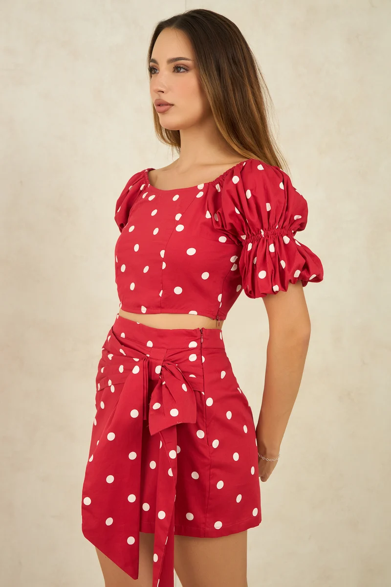 Stephany|100% Cotton Polka Crop Top With Puff Sleeves
