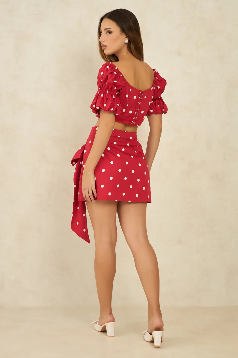 Stephany|100% Cotton Polka Crop Top With Puff Sleeves