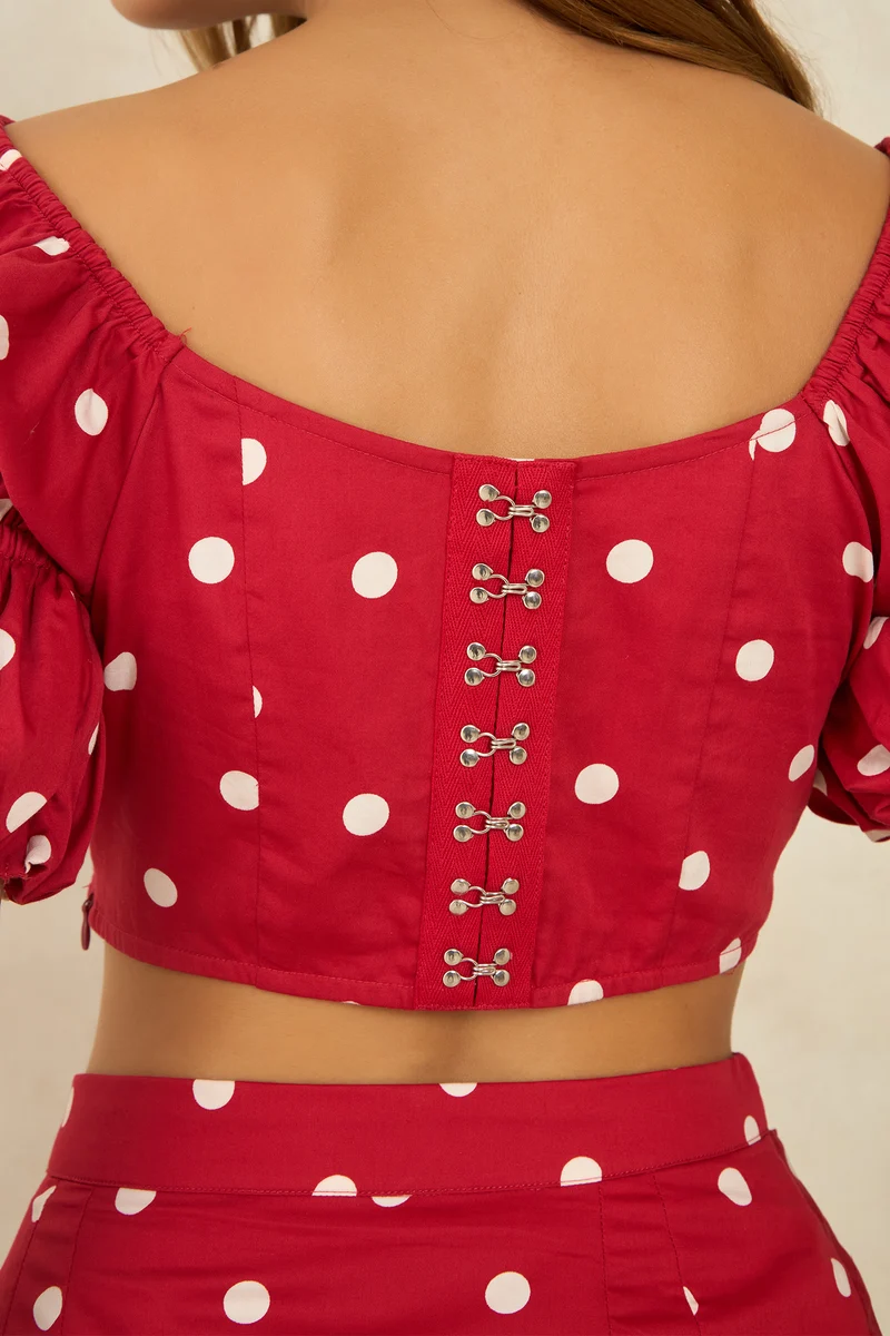 Stephany|100% Cotton Polka Crop Top With Puff Sleeves