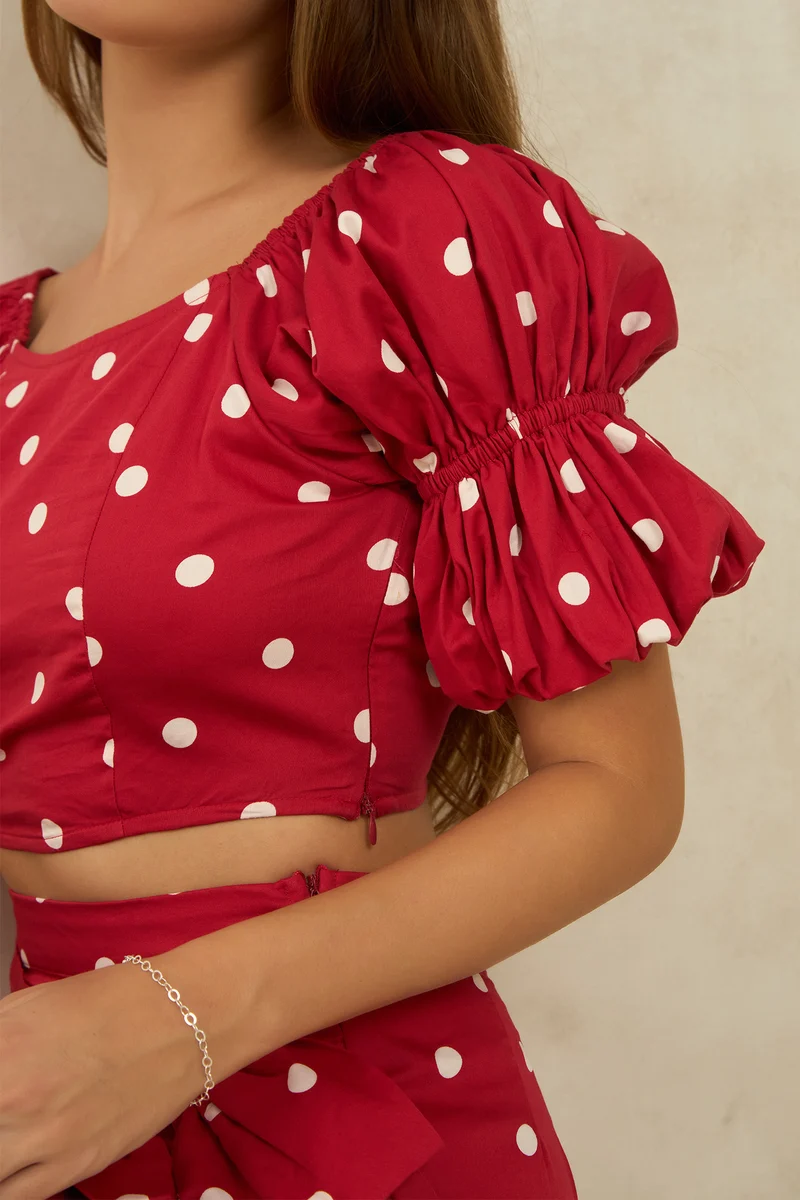 Stephany|100% Cotton Polka Crop Top With Puff Sleeves