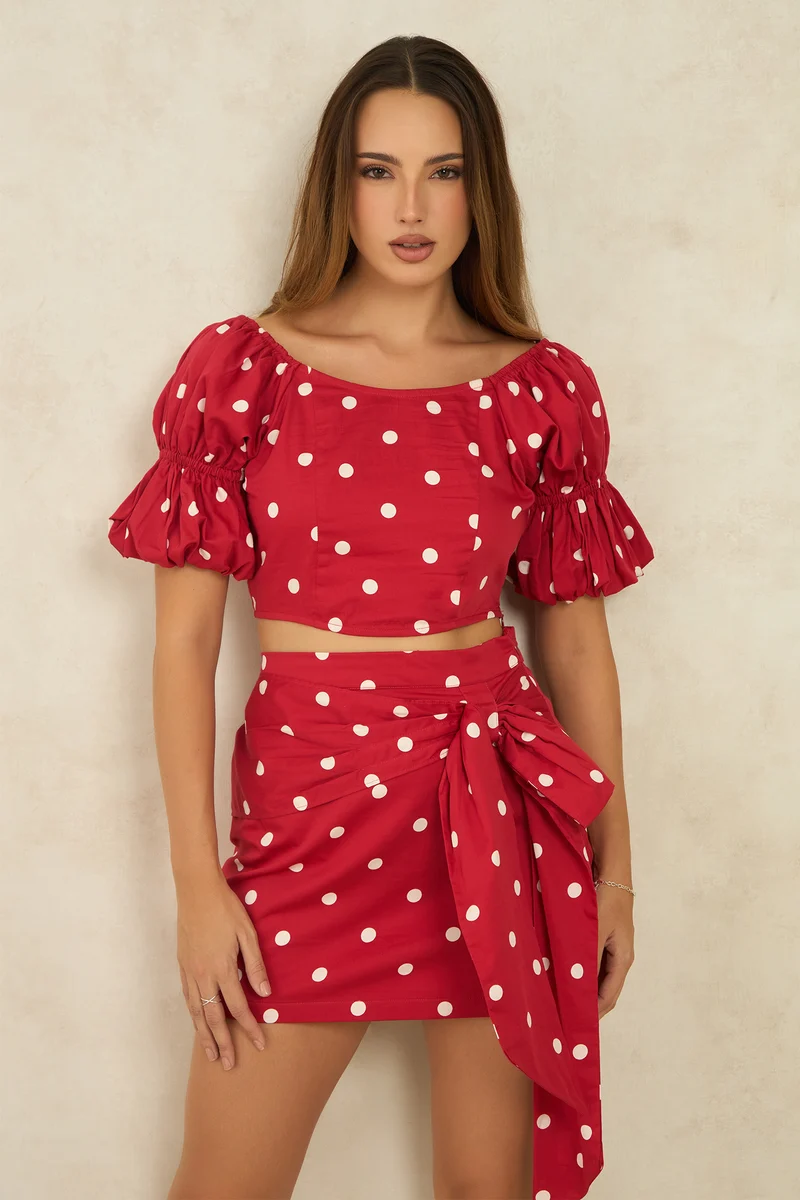 Stephany|100% Cotton Polka Crop Top With Puff Sleeves
