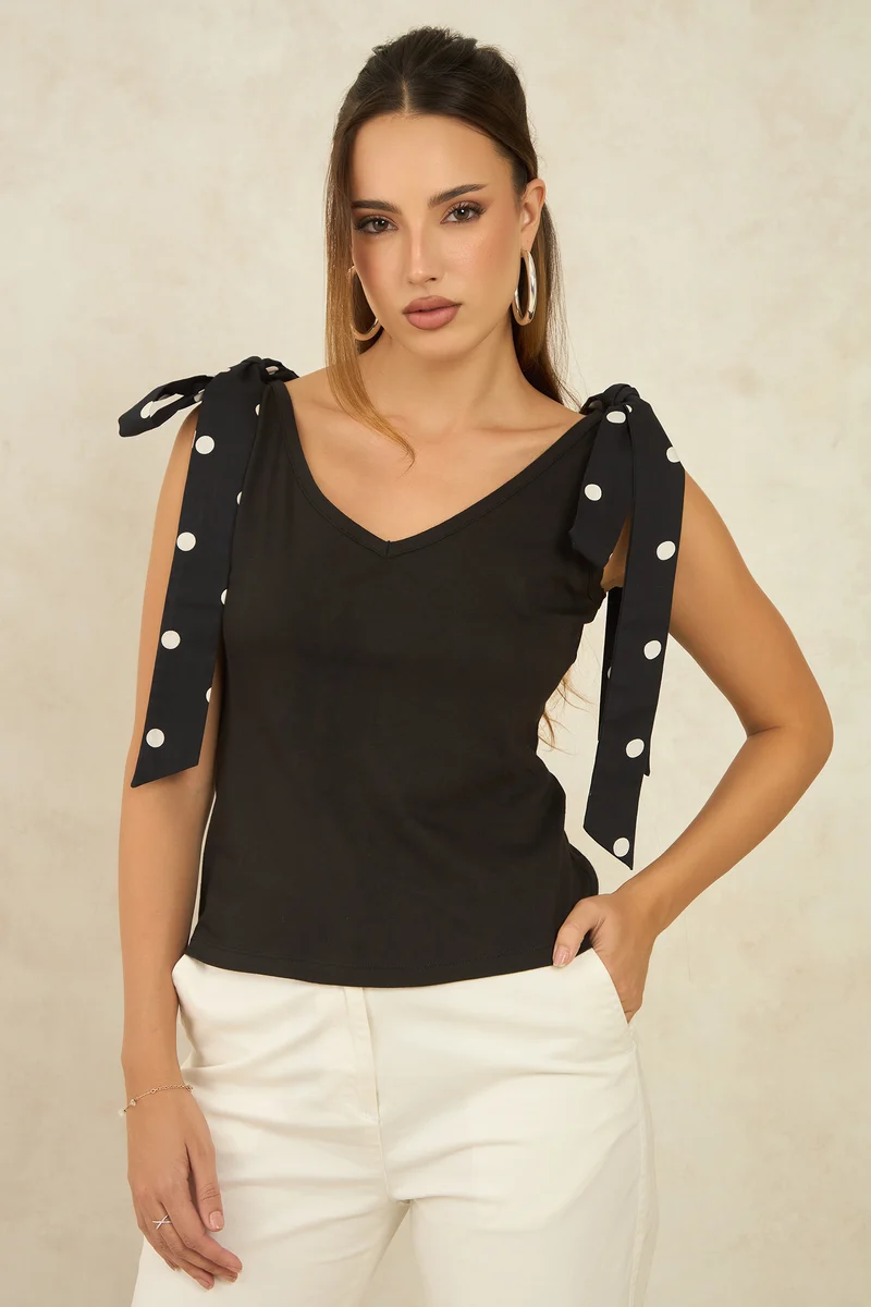Belmos|Cotton Black Knit Top With Shoulder Bow