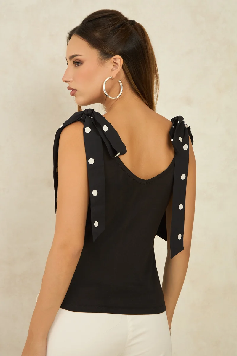 Belmos|Cotton Black Knit Top With Shoulder Bow