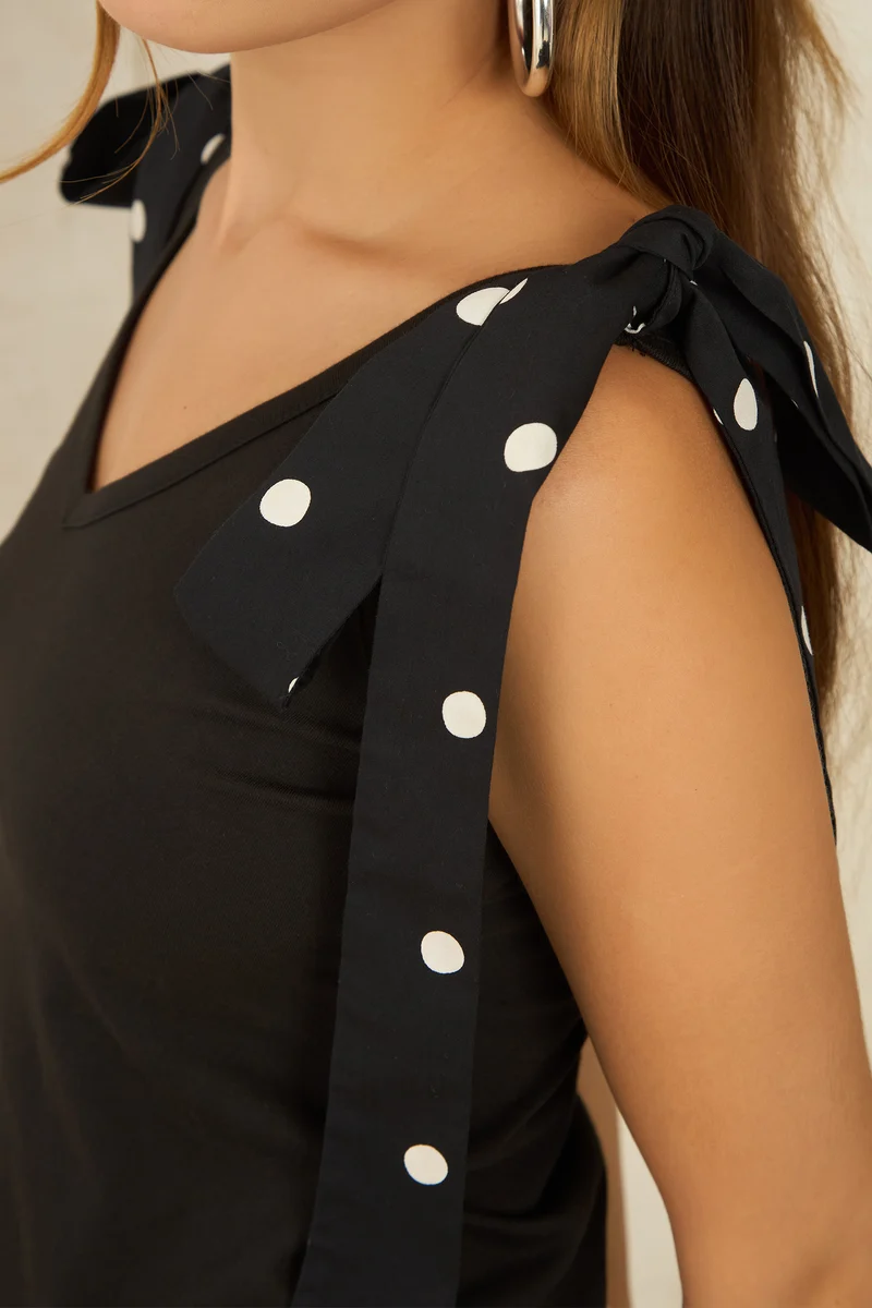 Belmos|Cotton Black Knit Top With Shoulder Bow