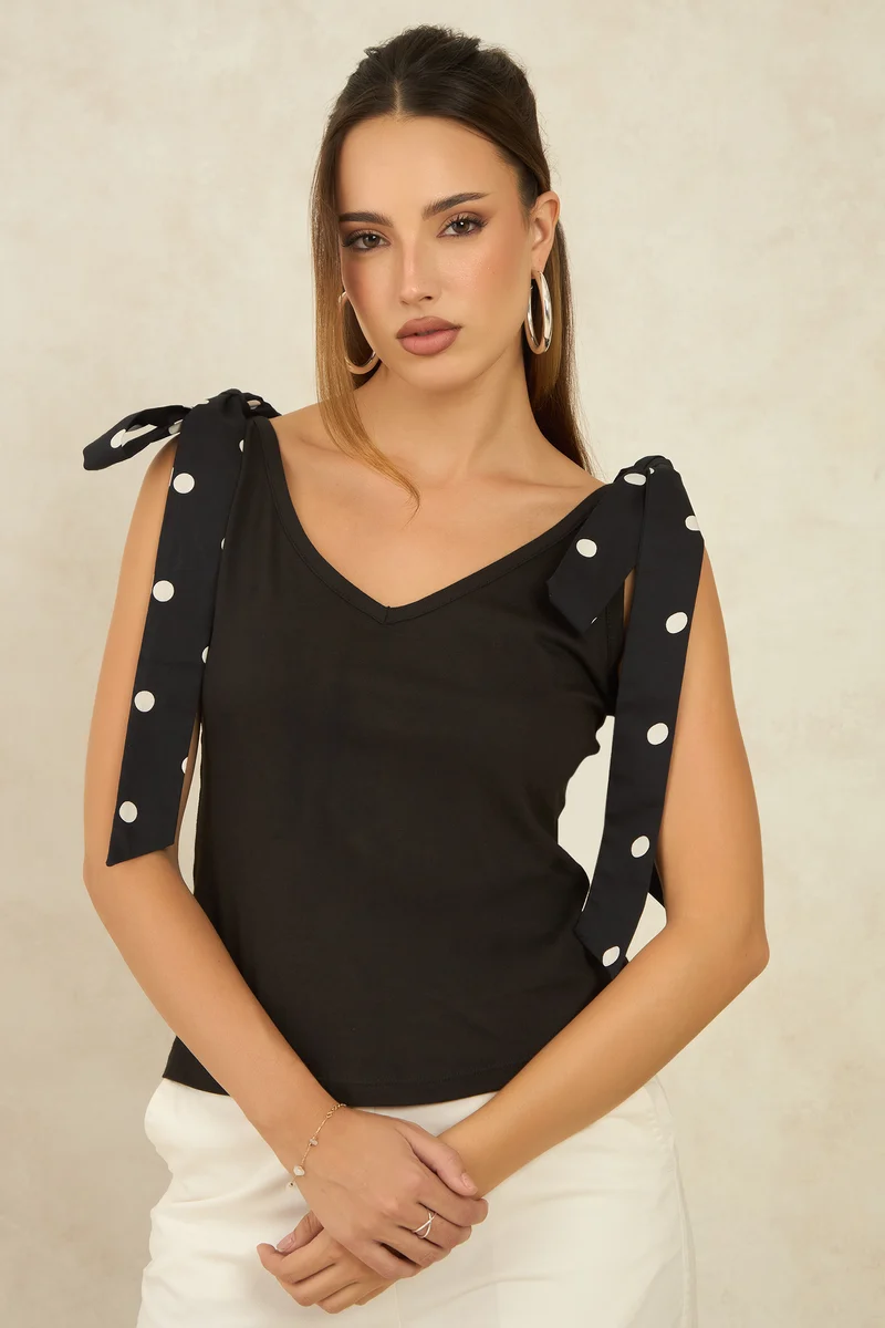 Belmos|Cotton Black Knit Top With Shoulder Bow