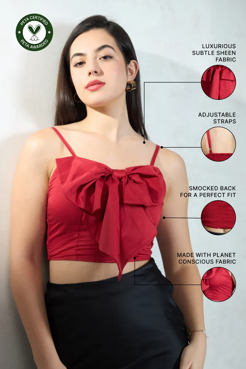 Bria|Cotton Stretch Red Crop Top With Big Bow