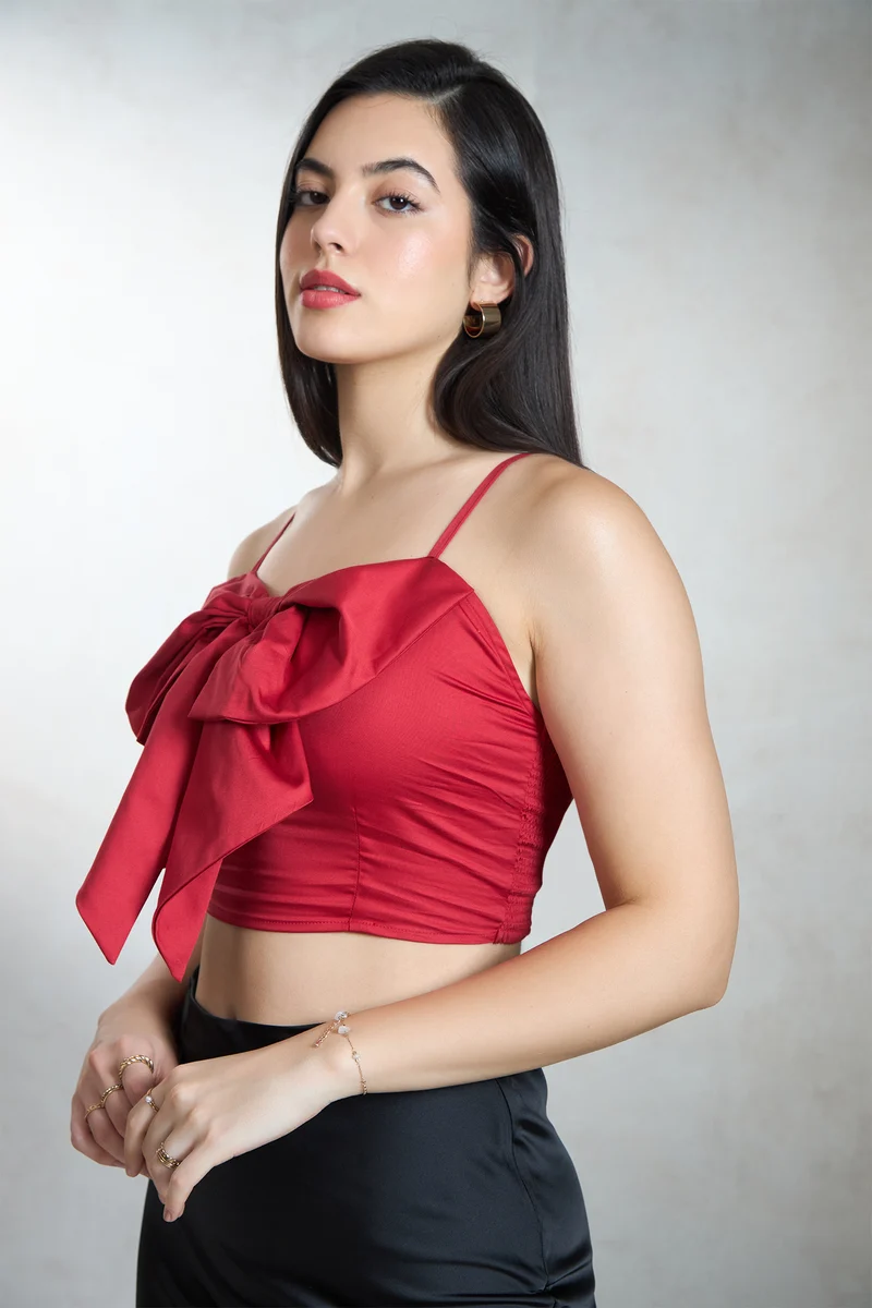 Bria|Cotton Stretch Red Crop Top With Big Bow