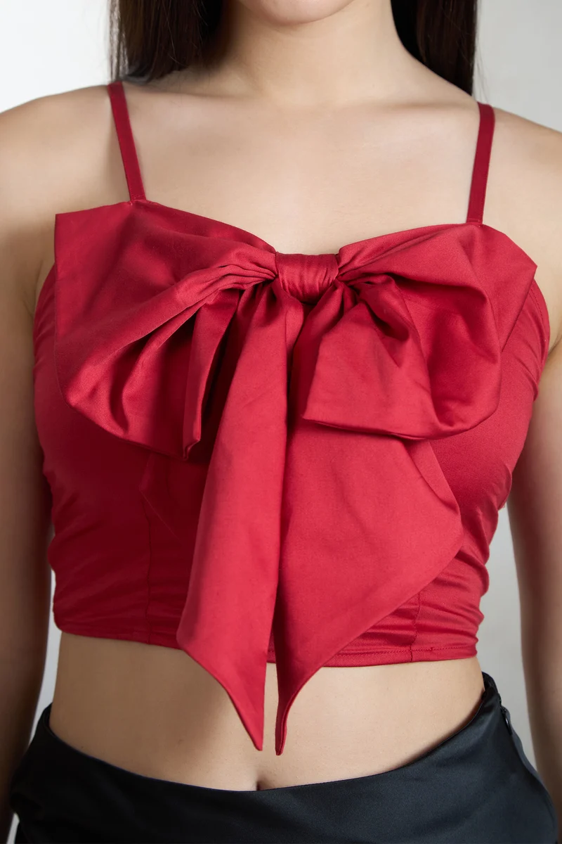 Bria|Cotton Stretch Red Crop Top With Big Bow