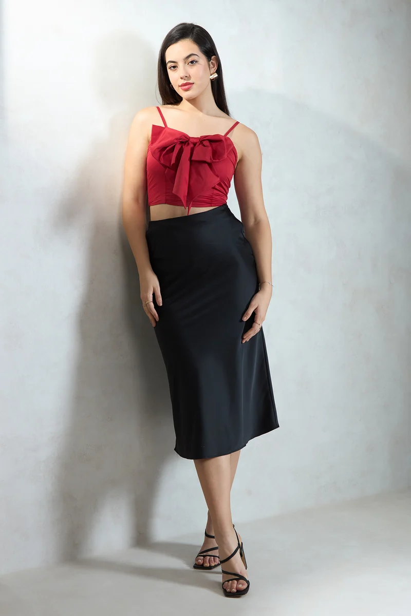 Bria|Cotton Stretch Red Crop Top With Big Bow