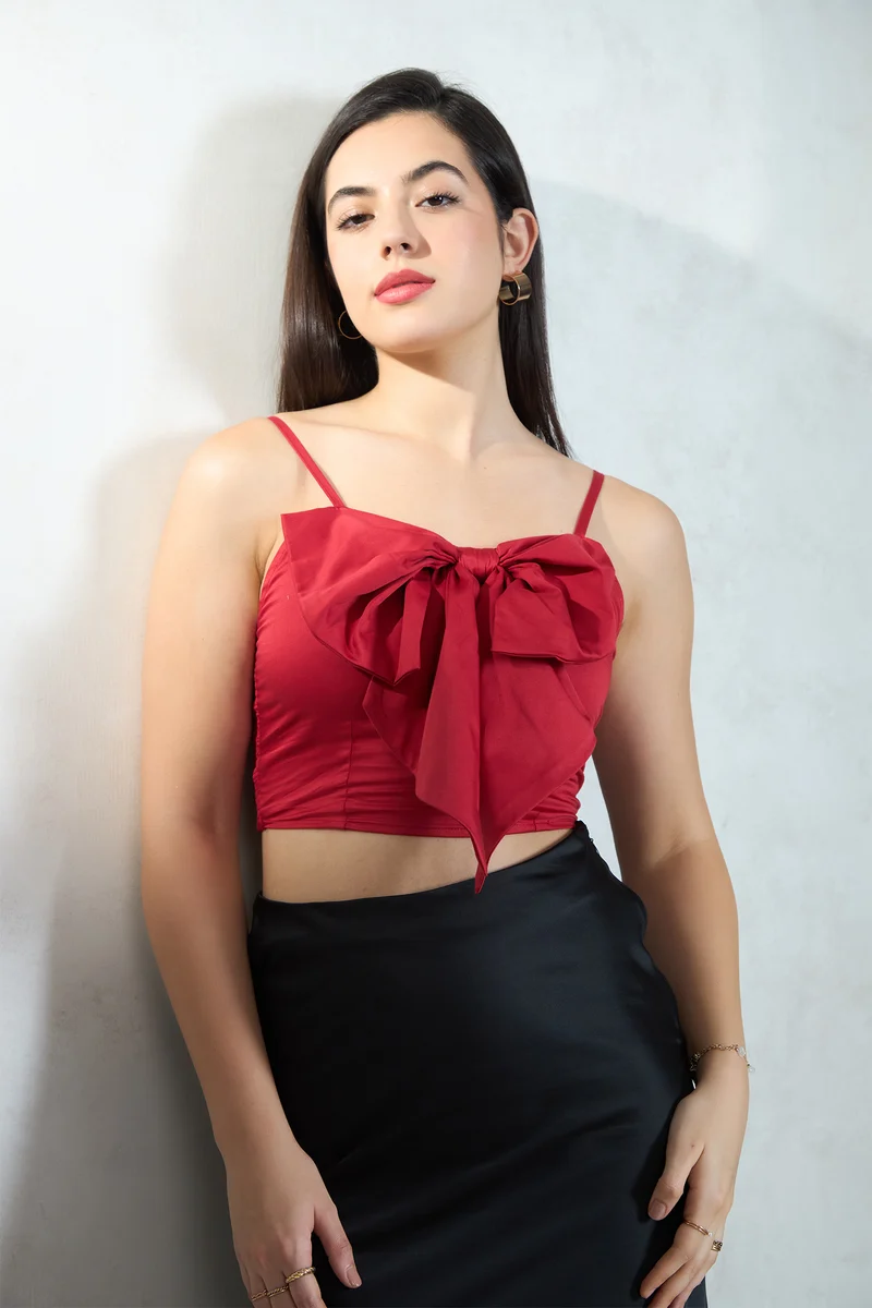 Bria|Cotton Stretch Red Crop Top With Big Bow