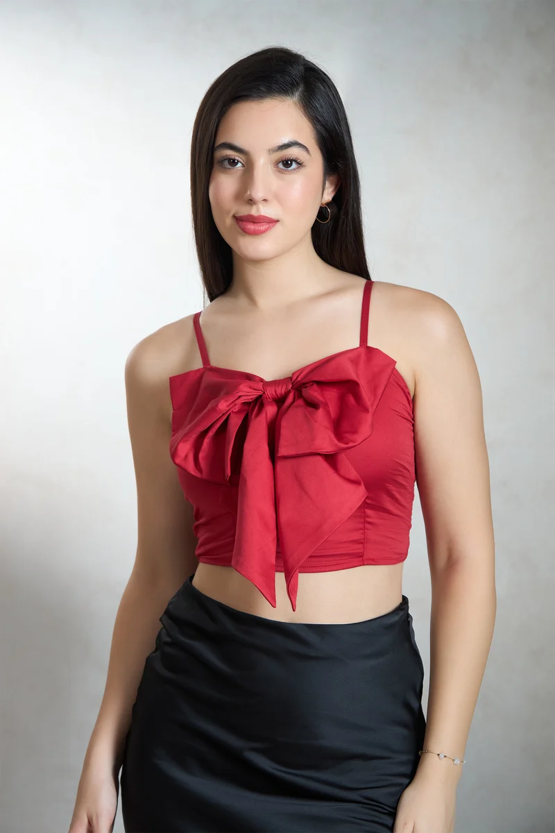 Bria|Cotton Stretch Red Crop Top With Big Bow